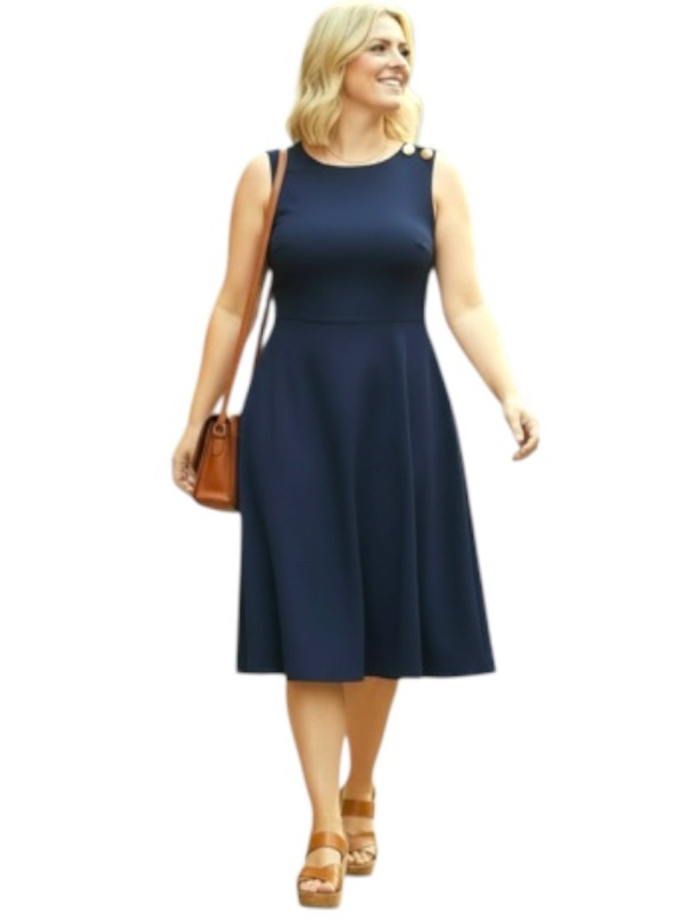 Talbots Navy Crepe Sleeveless A-Line Midi Dress 14 Gold Button Coastal Classic
